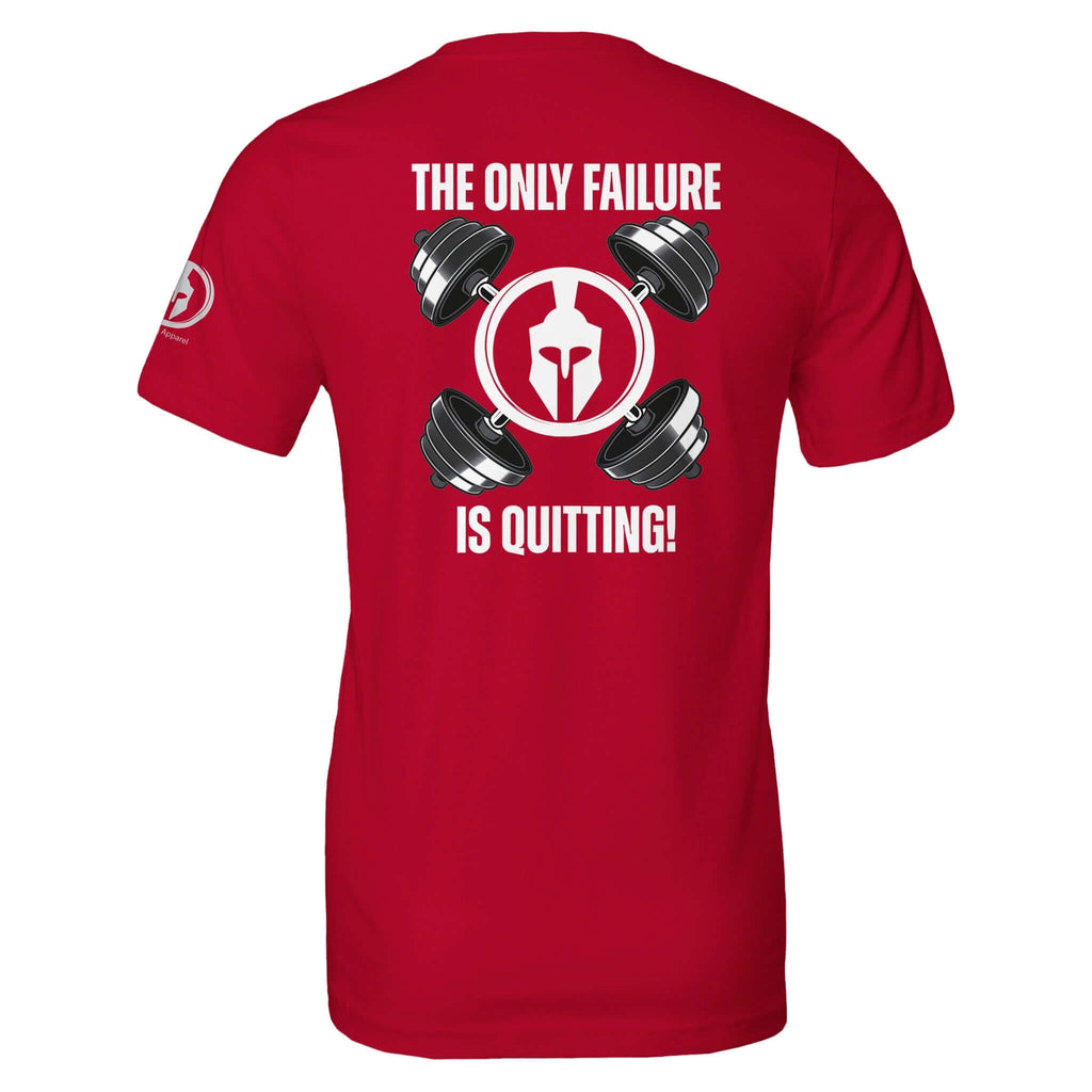 Red "The Only Failure is Quitting" T-shirt with spartan helmet and dumbbells graphic for gym enthusiasts and persistence motivation.