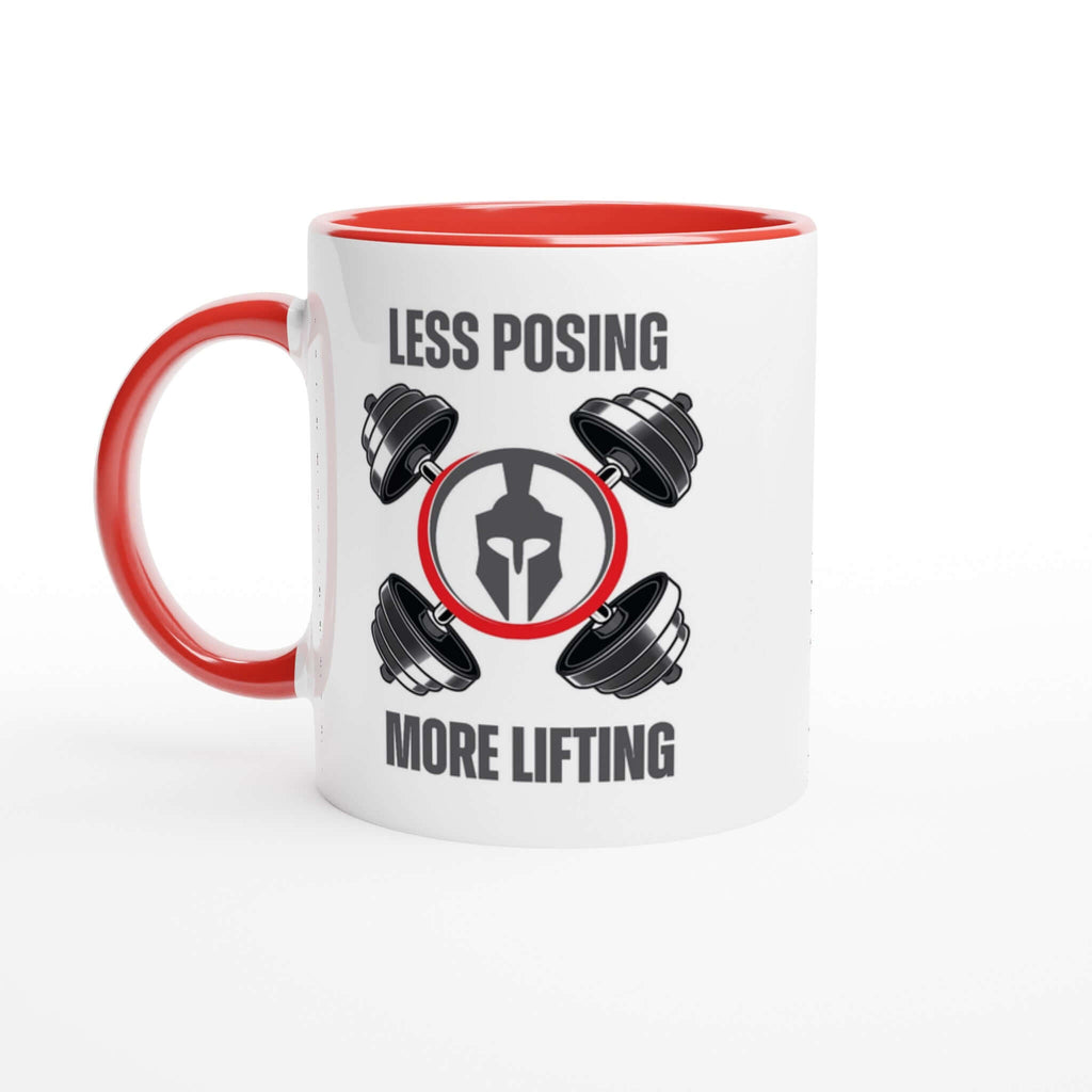 "Less Posing More Lifting" 11oz ceramic mug with red handle and interior, featuring fitness-themed design with dumbbells and motivational text.