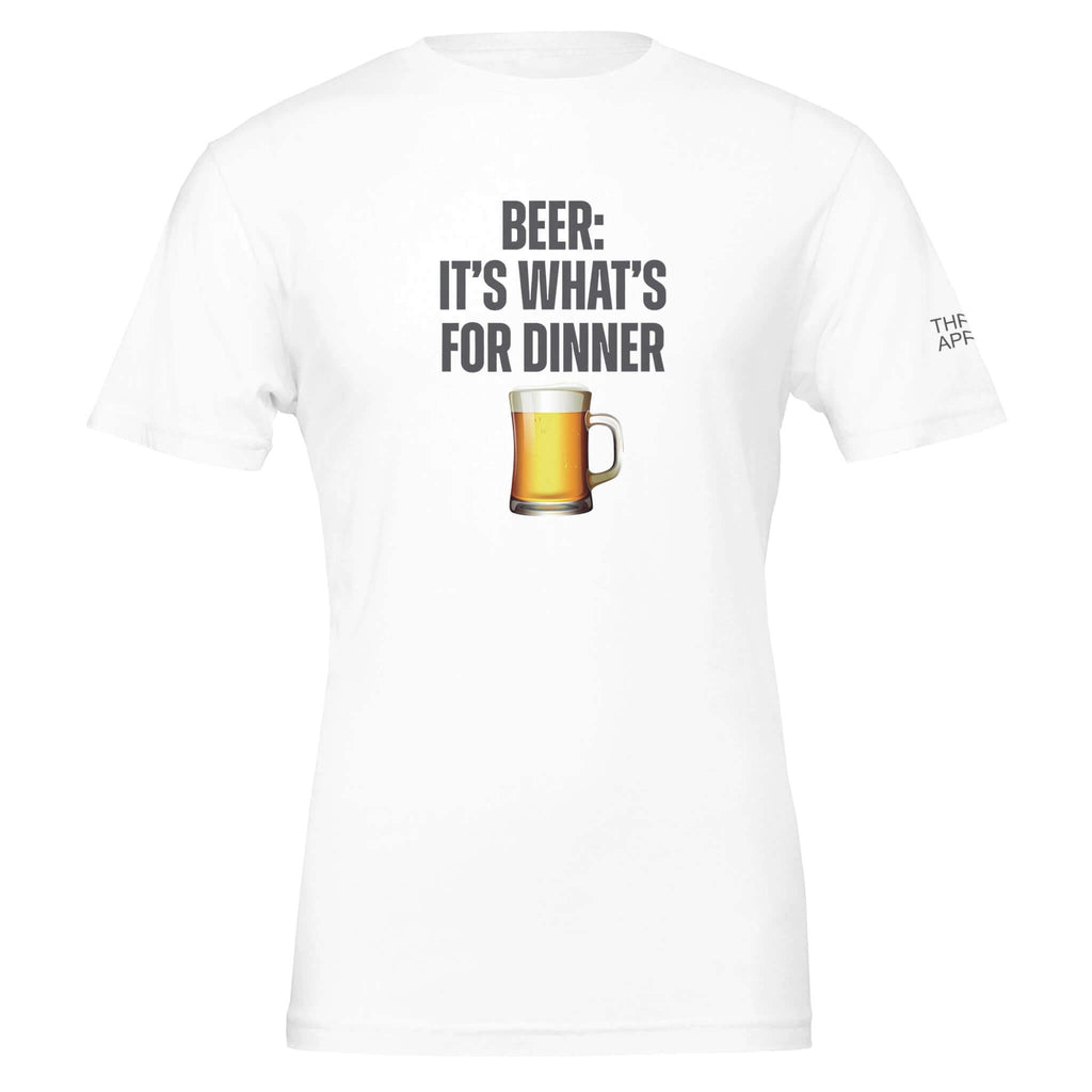 "Beer: It's What's For Dinner" men's white tee with a beer mug graphic, made from 100% Airlume cotton, soft and eco-friendly.