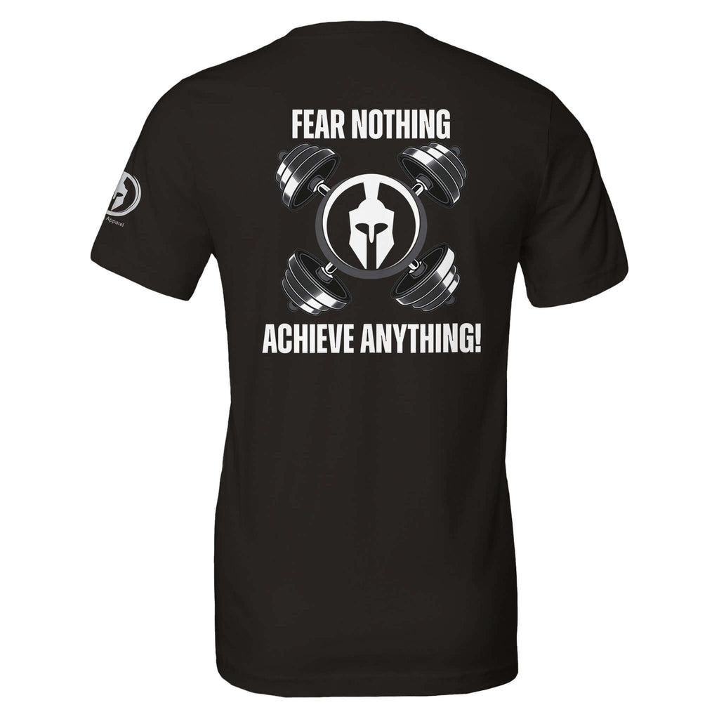 Perform Series tee with 'Fear Nothing. Achieve Anything!' text and warrior helmet graphic on back, ideal for motivation and strength training.