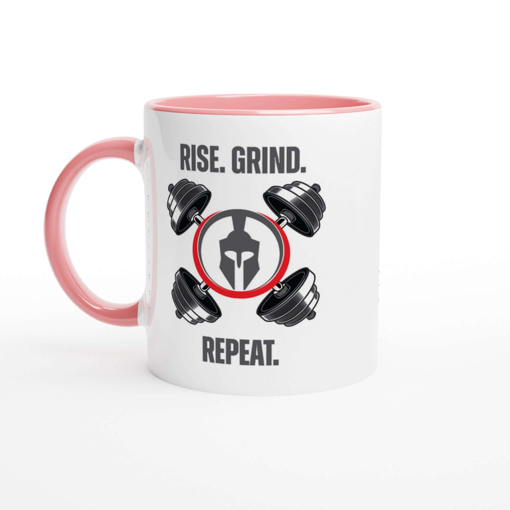 "Rise. Grind. Repeat." 11oz Ceramic Mug with Pink Handle and Inner, featuring Motivational Text and Dumbbell Graphic.