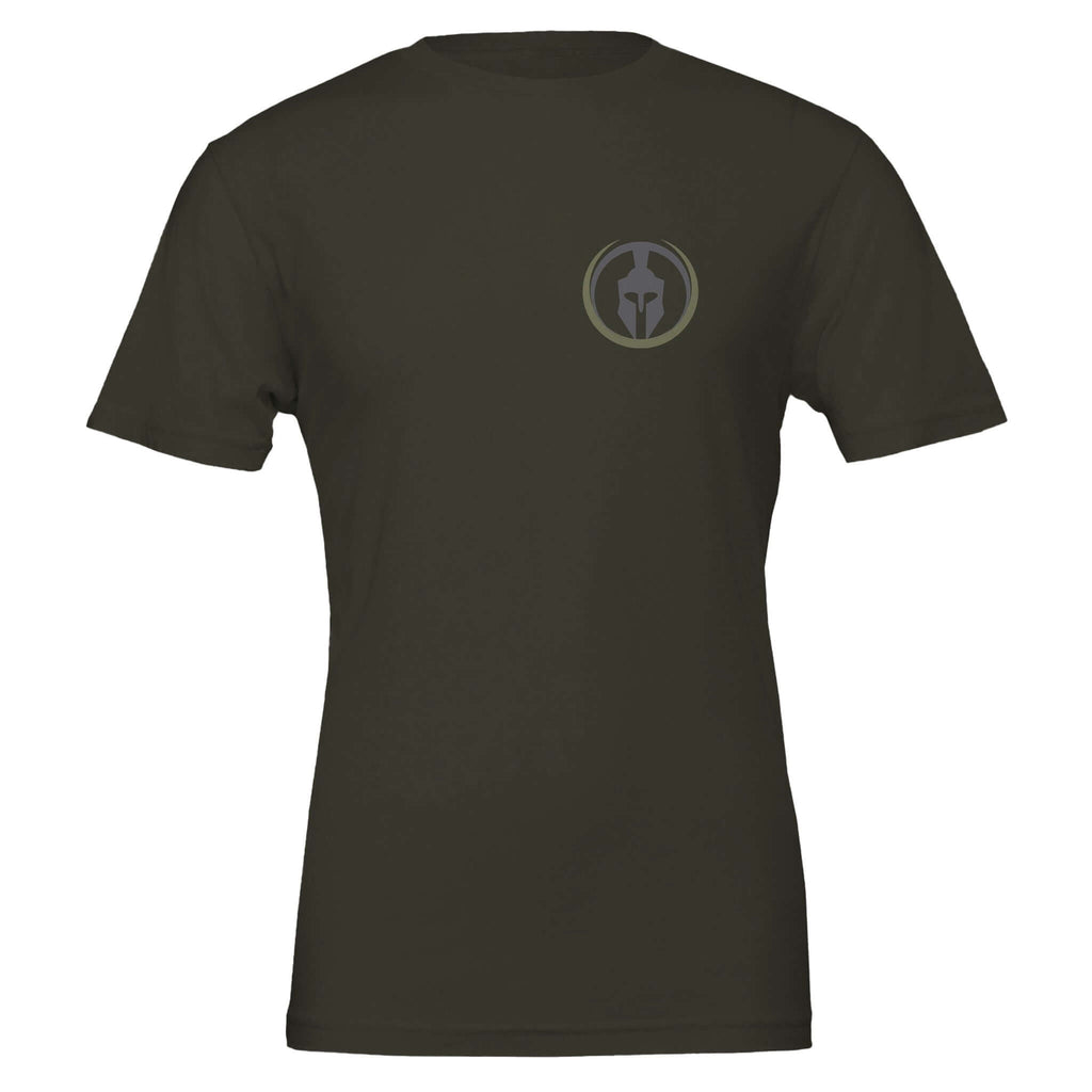 Veteran Series Defending Freedom tee in olive green with logo, made from 100% Airlume combed and ring-spun cotton, soft unisex fit.