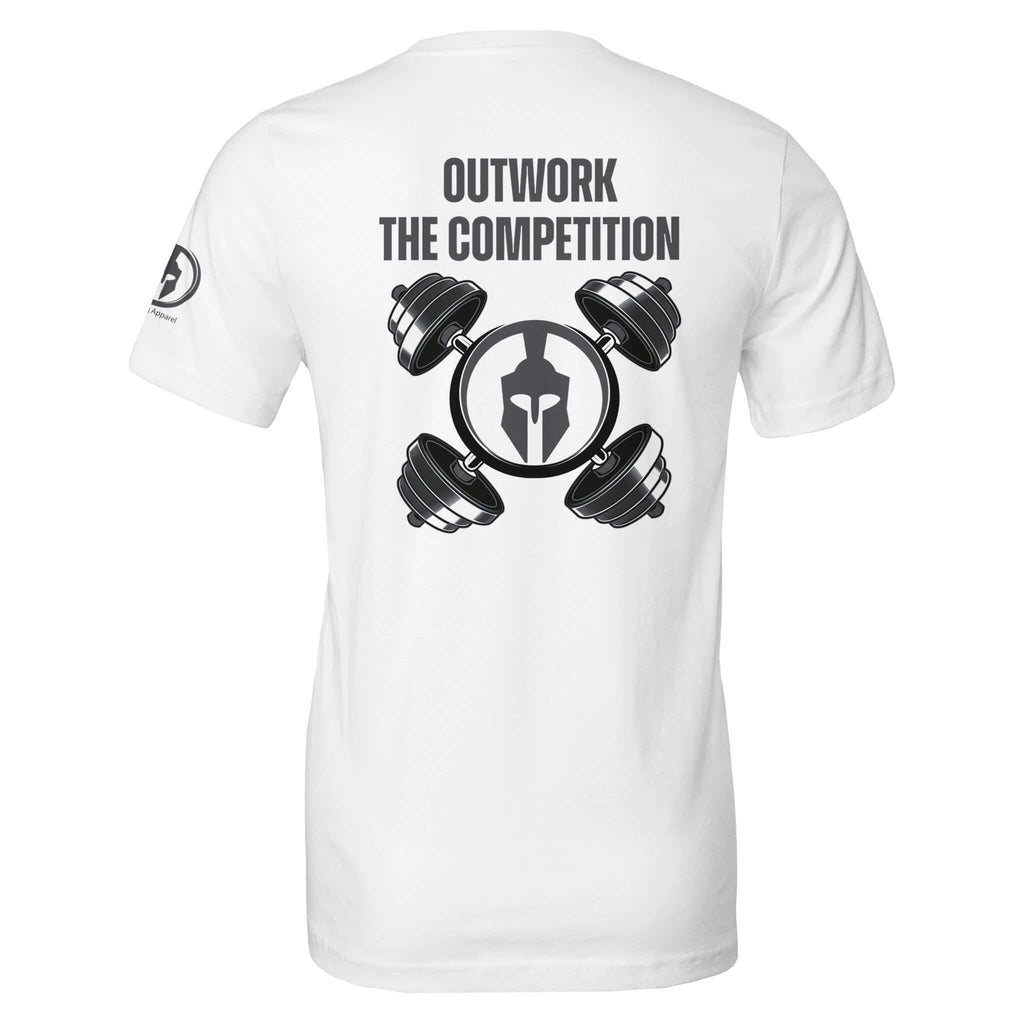 "White t-shirt with 'Outwork the Competition' slogan and Spartan helmet with dumbbells graphic on the back"