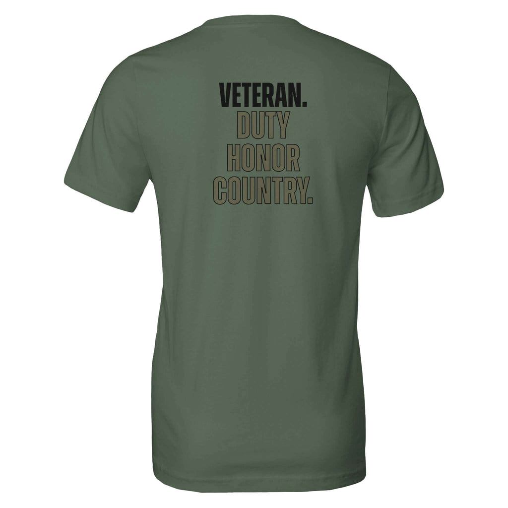 Veteran Collection "Duty Honor Country" olive green tee shirt, soft durable fabric, honoring service and sacrifice - back view