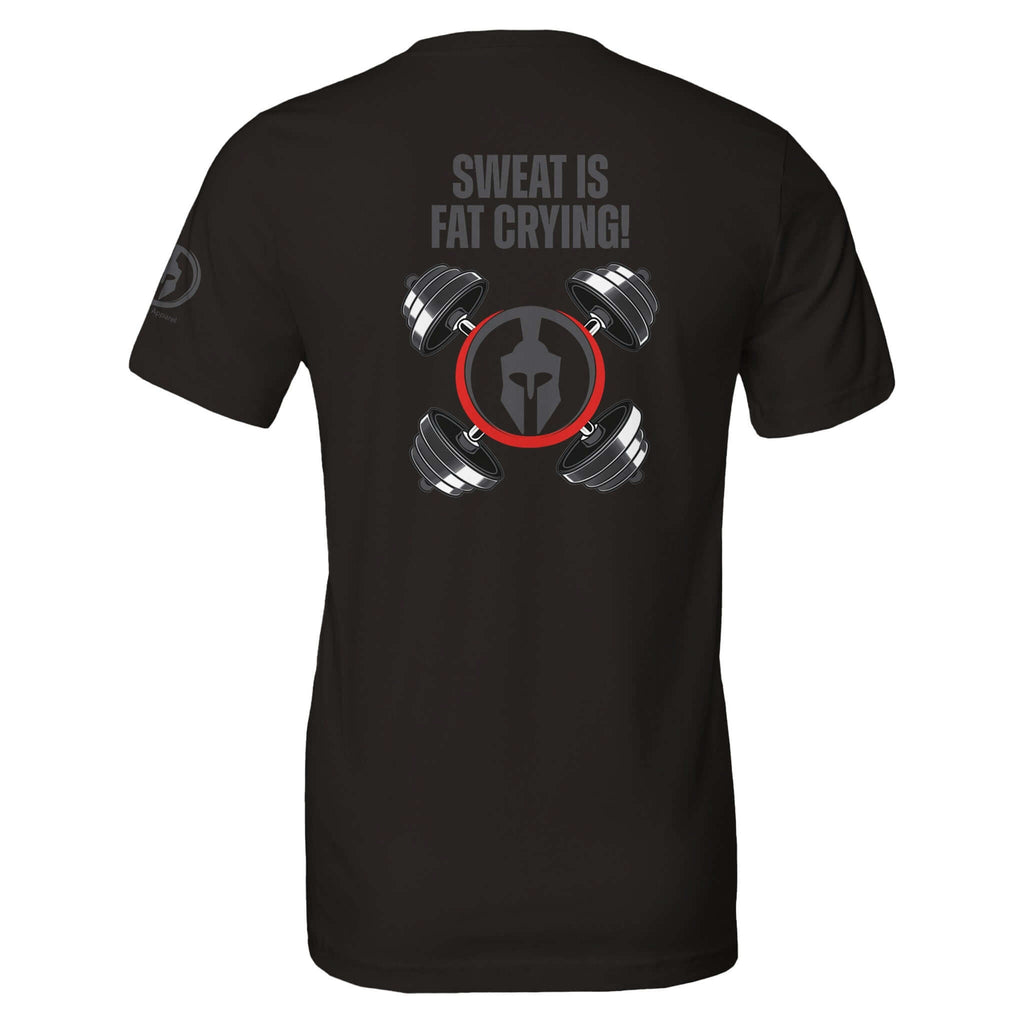 Black unisex fitness tee with "Sweat is Fat Crying!" quote and dumbbell design, made from 100% Airlume combed cotton.