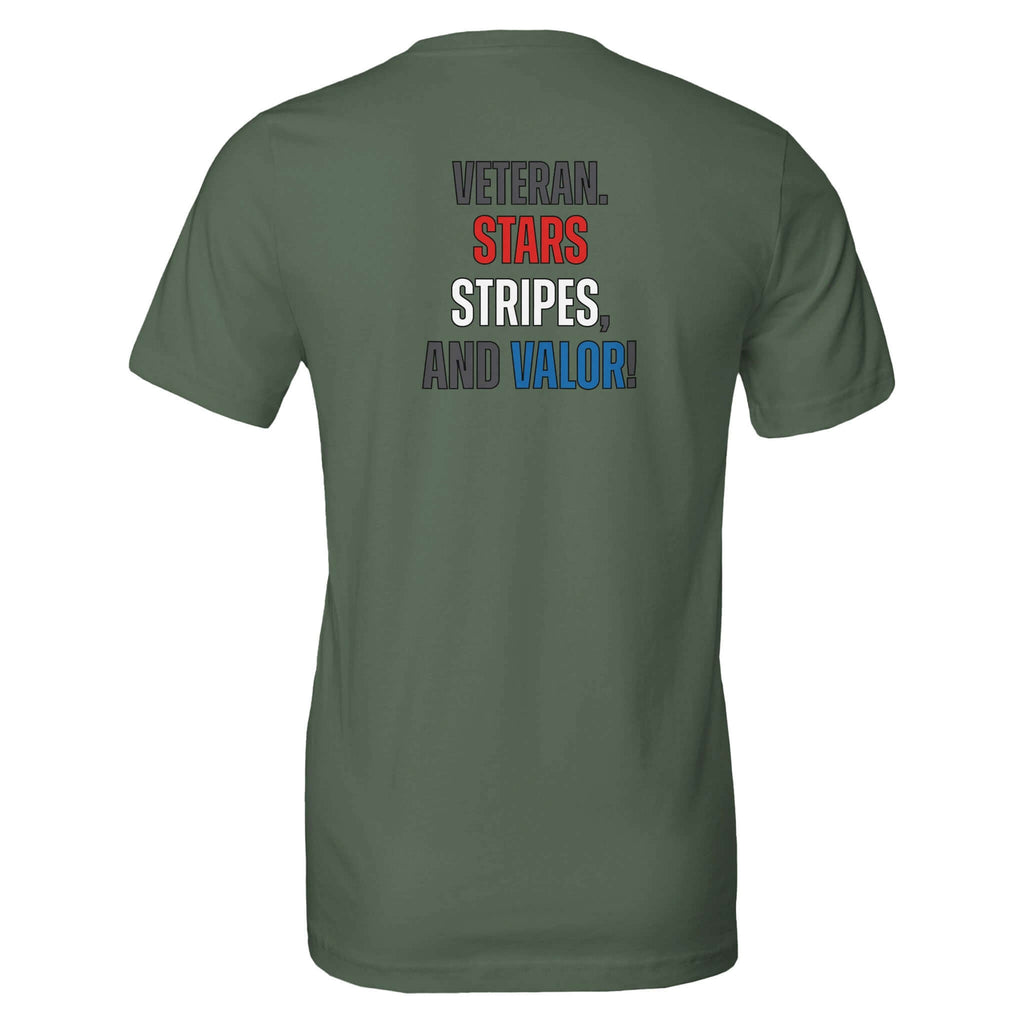 Veteran Collection tee featuring "Stars, Stripes, and Valor" design in red, white, and blue text on the back of an olive green shirt.