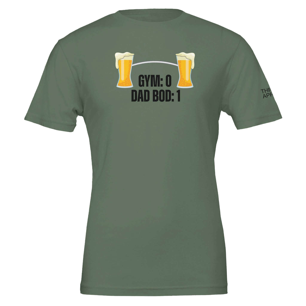 Olive green 'Gym: 0 Dad Bod: 1' t-shirt with two beer mugs, celebrating comfort with a fun, laid-back style for dad bod pride.