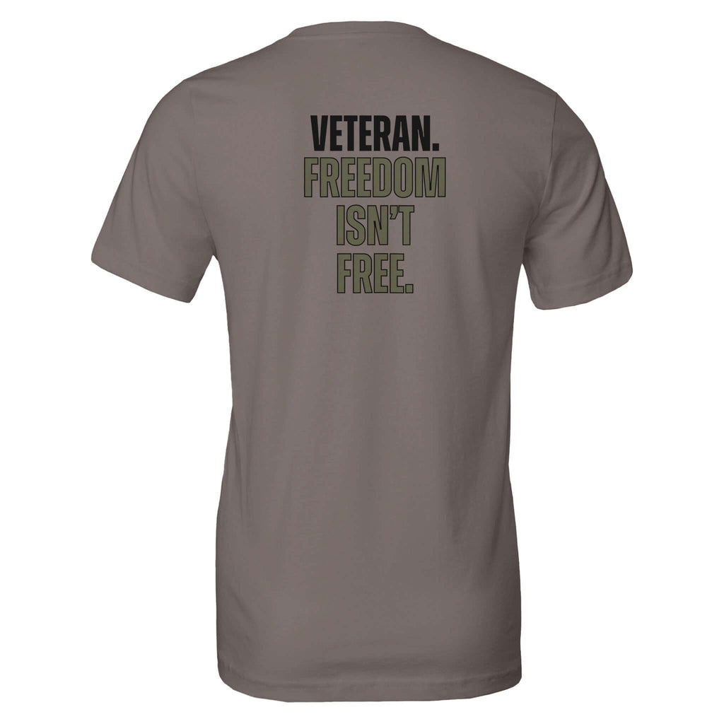 "Veteran Freedom Isn't Free tee, powerful reminder of sacrifices, bold design celebrating veterans' dedication and bravery, olive drab shirt"