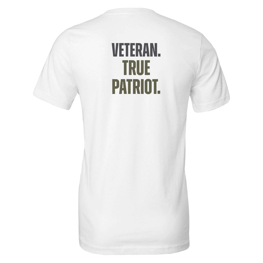 Back view of "Veteran. True Patriot." tee, white color, featuring bold text, made from 100% Airlume combed and ring-spun cotton.