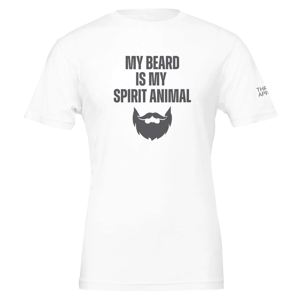 White men's tee with "My Beard Is My Spirit Animal" graphic featuring beard illustration. Premium 100% cotton, eco-friendly, unisex fit.