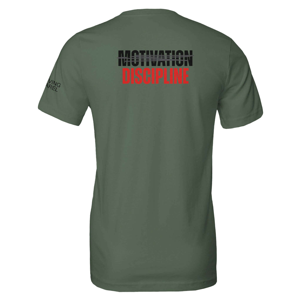 Back to Basics Motivation vs Discipline T-Shirt Rear Print – Soft, durable, DTG Compatible. Elevate your style with motivational apparel.