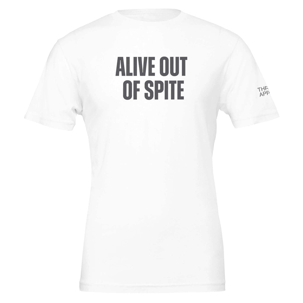 Alive out of Spite - Premium Men's Crewneck T-Shirt in White, embodying defiance and resilience