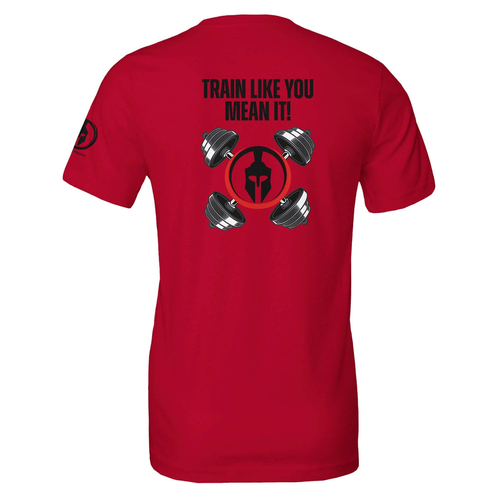 "Red 'Train Like You Mean It' Workout Tee featuring barbell graphics and Spartan helmet design on the back for intense training sessions"