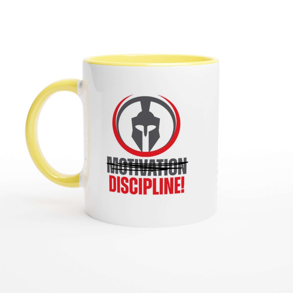 11 oz ceramic mug with yellow rim, handle, and interior featuring "Motivation. Discipline." text and Spartan helmet logo.