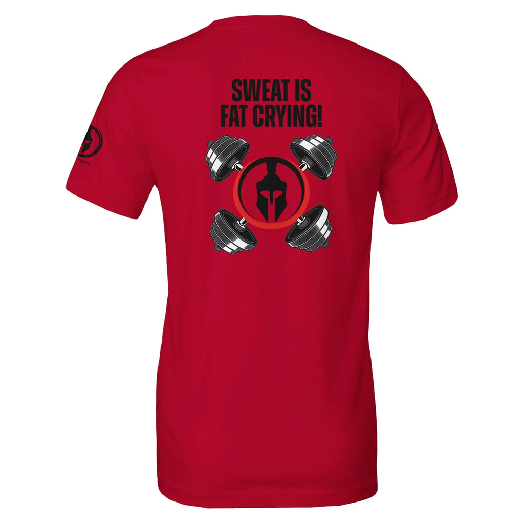 Red Perform Series fitness tee with "Sweat is Fat Crying!" slogan, featuring dumbbell and helmet graphic on the back of shirt.