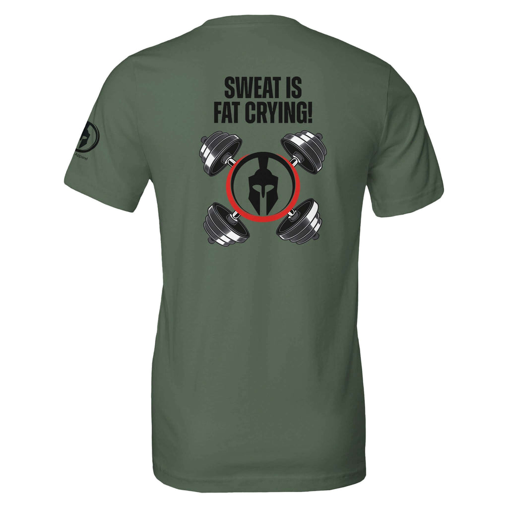 Perform Series green tee with "Sweat is Fat Crying!" slogan, featuring dumbbell and helmet design on the back.