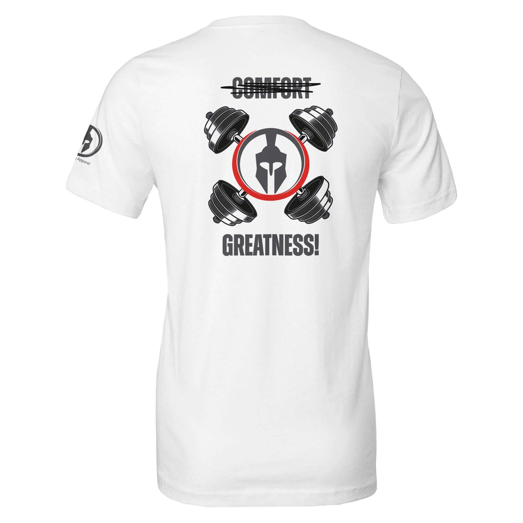 Perform Series Comfort - Greatness Tee back view with gym-inspired design, soft white fabric, durable for daily challenges and gym workouts