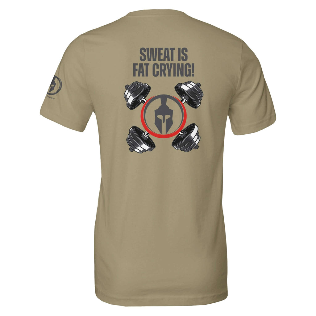 Olive green fitness tee with "Sweat is Fat Crying!" slogan and dumbbell graphic on the back.