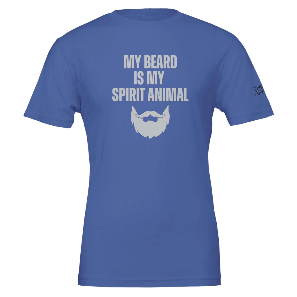 Men's blue tee with "My Beard is My Spirit Animal" text for beard enthusiasts, made from 100% Airlume combed cotton.