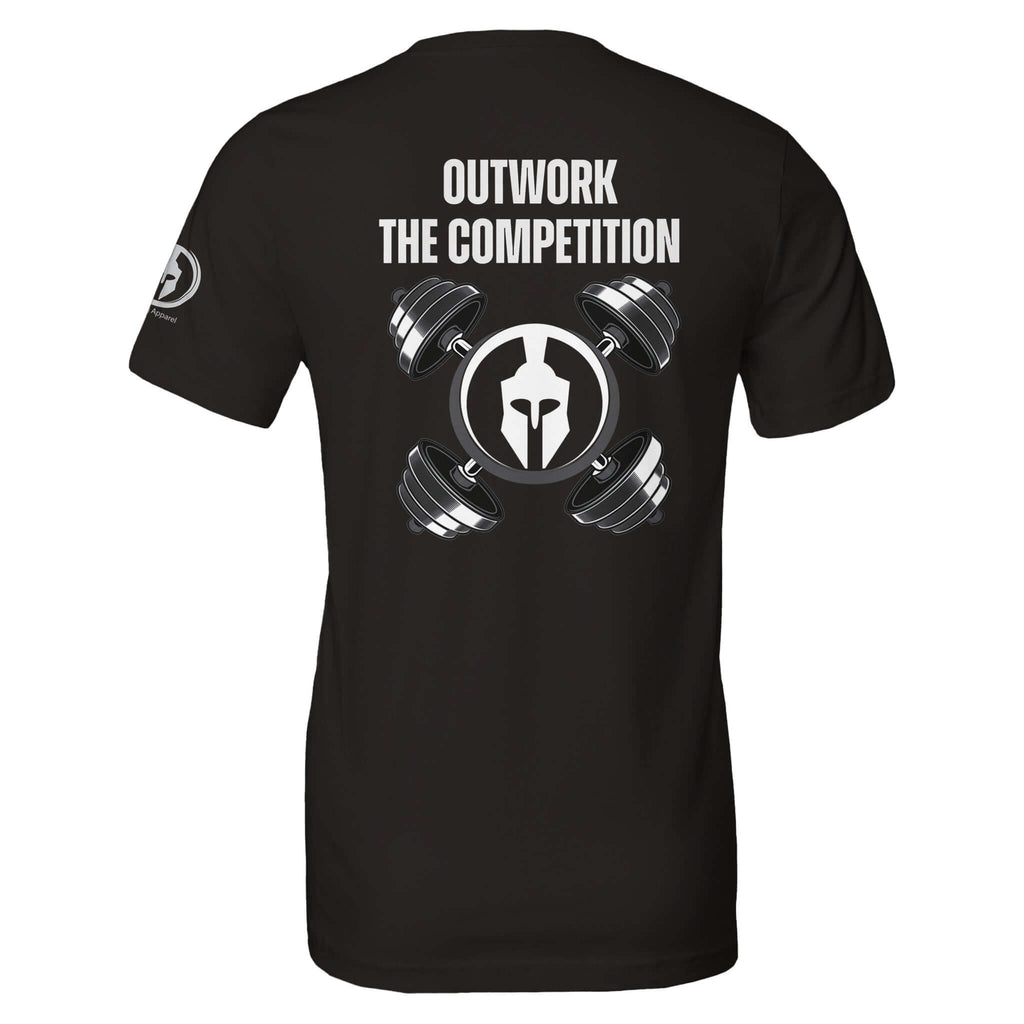 Back of black "Outwork the Competition" shirt with Spartan helmet and dumbbells, designed for gym enthusiasts pushing limits and crushing goals.