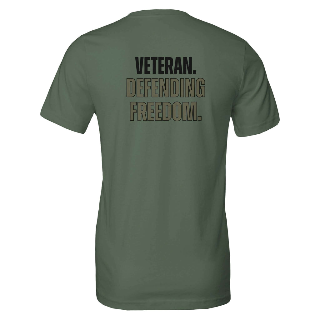 Olive green "Veteran. Defending Freedom." t-shirt, made from 100% Airlume combed and ring-spun cotton, side-seamed unisex tailored fit.