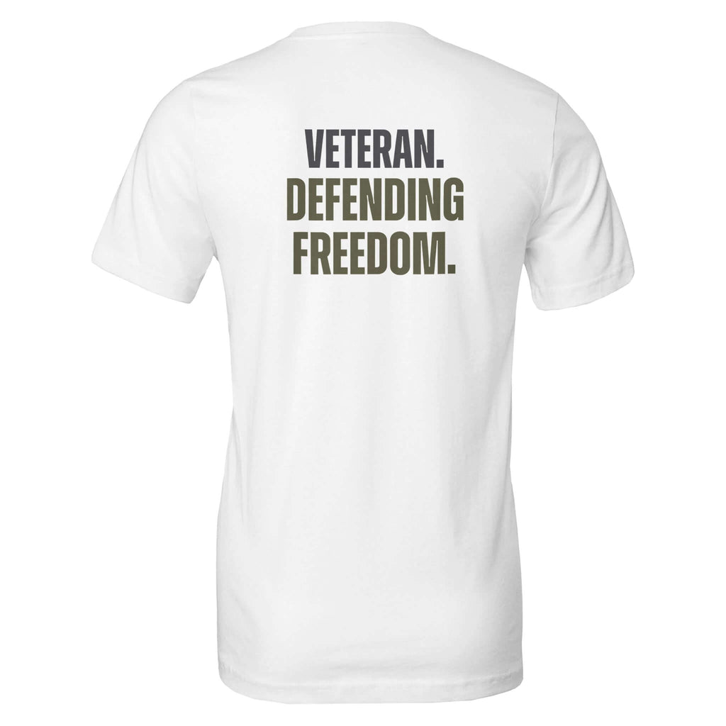 Back view of white Veteran Series tee with text 'Veteran. Defending Freedom.' showcasing pride and courage. Made from 100% Airlume cotton.