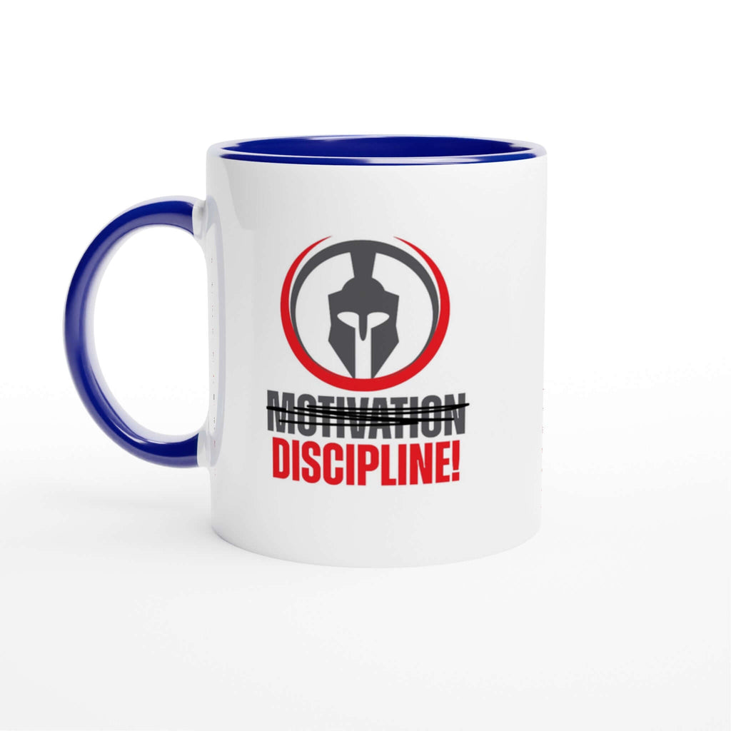 White ceramic 11 oz mug with blue handle and rim, featuring "Motivation. Discipline." text and Spartan helmet graphic.