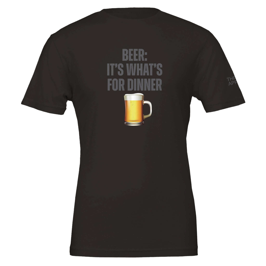 Men's black t-shirt with "Beer: It's What's for Dinner" text and beer mug graphic on the back.