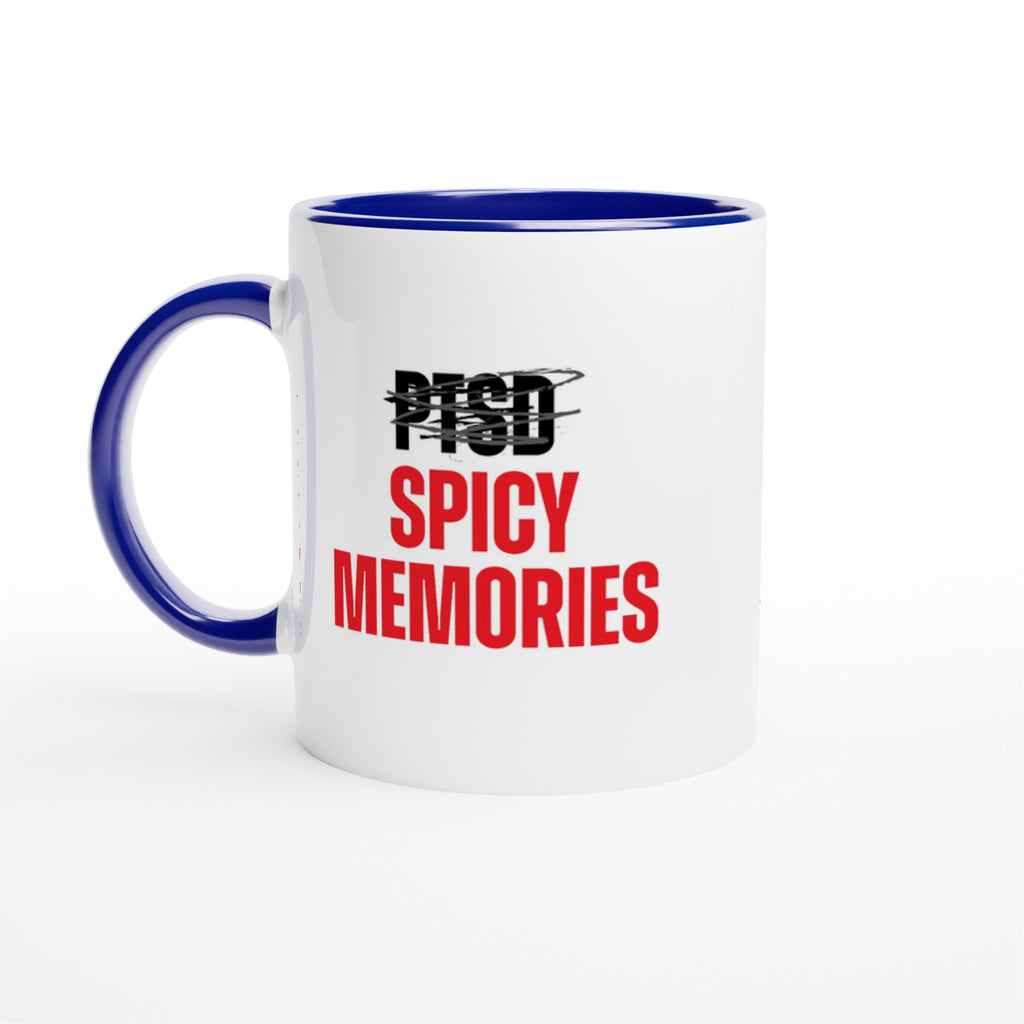 "Spicy Memories" 11 oz ceramic mug with colored rim, inside, and handle, featuring bold red text and a playful design. Dishwasher and microwave safe.