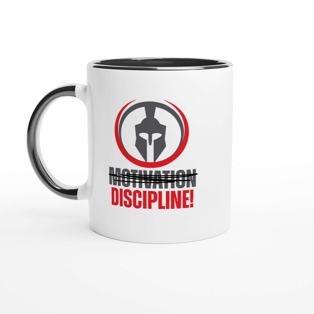 "Motivation Discipline 11 oz ceramic mug with colored rim, inside, and handle - dishwasher and microwave safe"