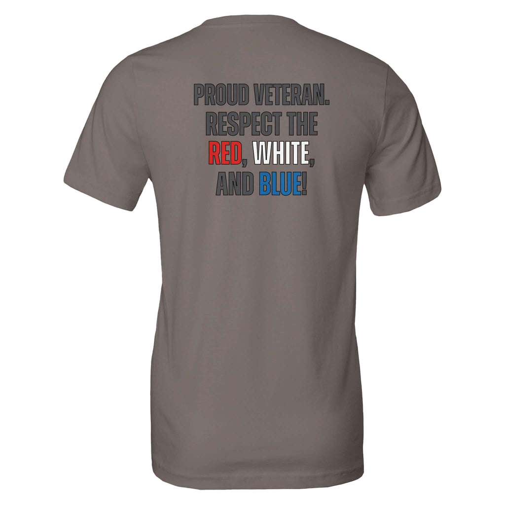 Proud Veteran T-shirt with "Respect the Red, White, and Blue" message on grey fabric, patriotic design for honoring service.