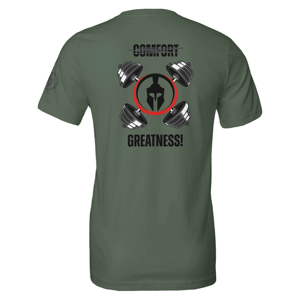 Perform Series: Comfort - Greatness Tee in green, featuring gym-themed graphics and motivational text, perfect for workouts or daily challenges.