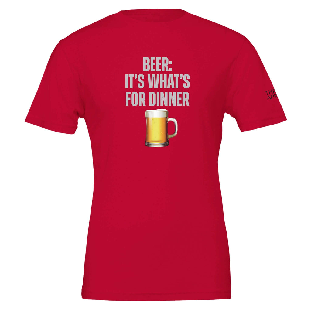 Red men's tee with "Beer: It's What's for Dinner" slogan and beer mug graphic, made from soft, eco-friendly cotton.