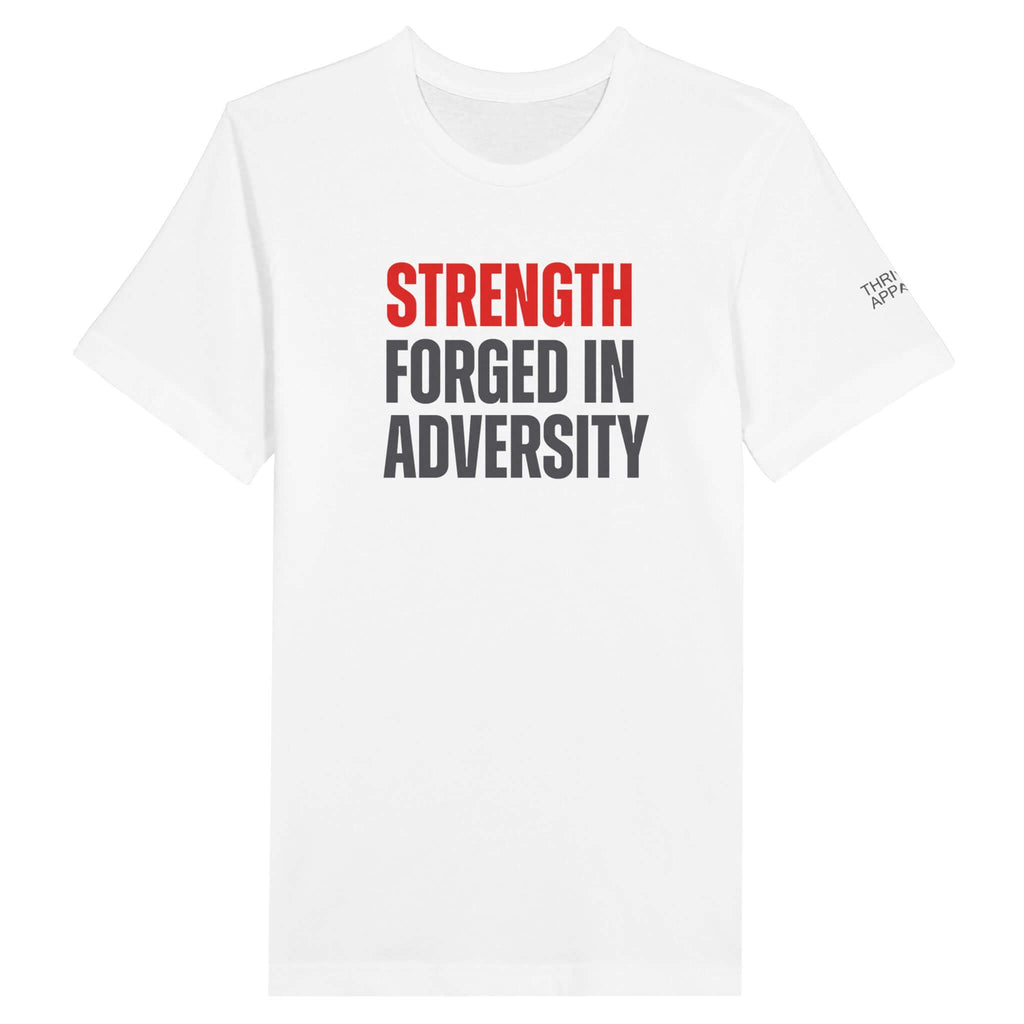 Premium men's crewneck t-shirt with "Strength Forged in Adversity" message in bold red and black text.