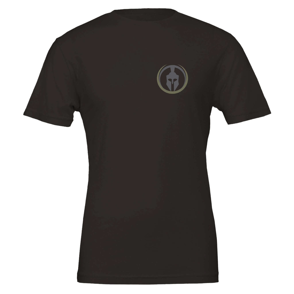 Black tee with veteran emblem, made from 100% Airlume combed and ring-spun cotton, side-seamed, unisex tailored fit.