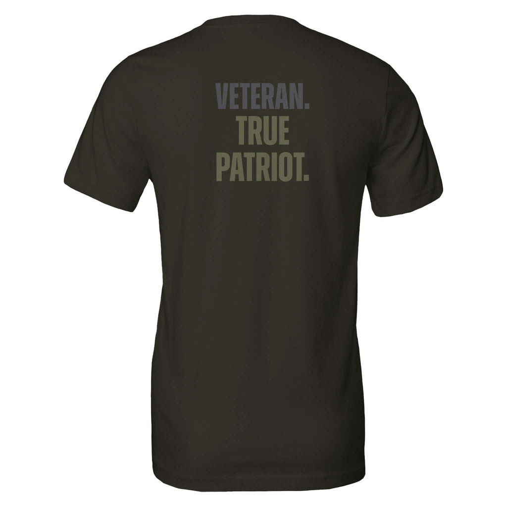 "Back of black Veteran. True Patriot. tee, made from 100% Airlume cotton, unisex fit, soft feel honoring dedication and service to nation"