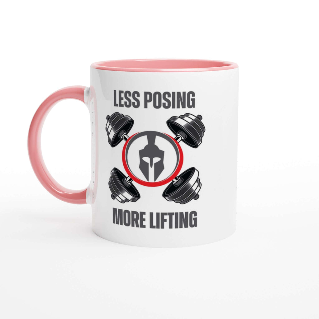 "Less Posing More Lifting" 11 oz ceramic mug with pink handle and rim, featuring fitness dumbbell design.