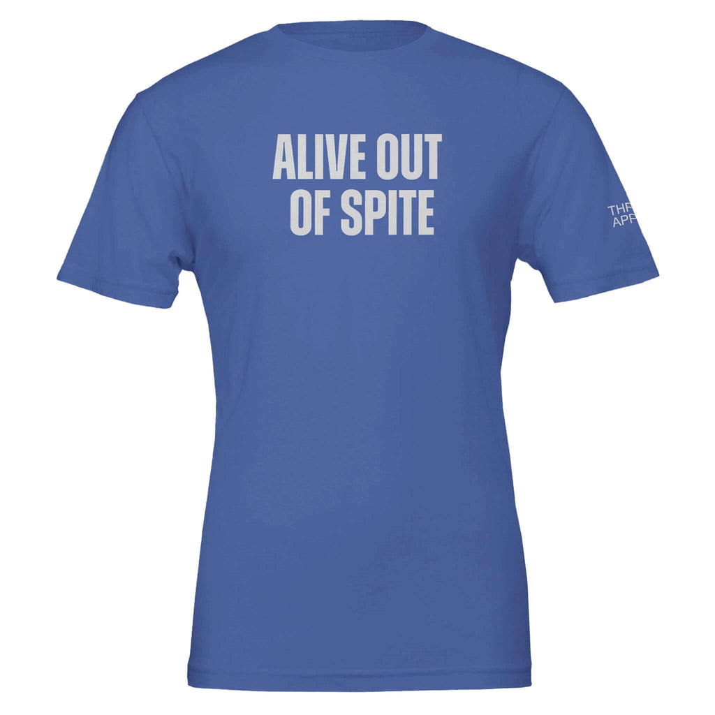 Alive Out of Spite blue premium crewneck T-shirt for men, showcasing resilience and defiance